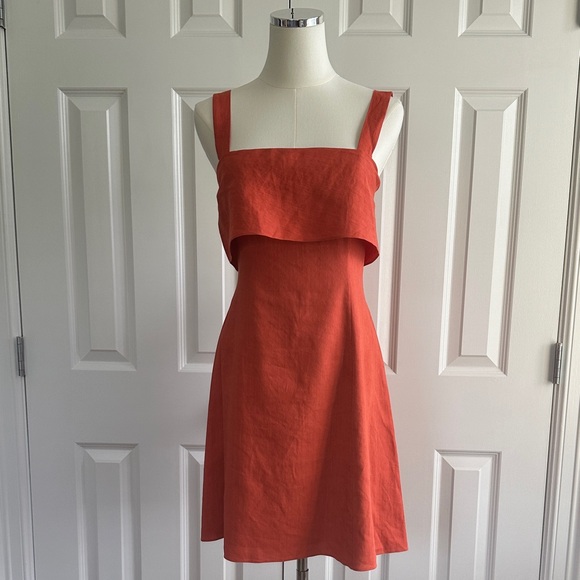 Theory Linen Burnt Orange Square Neck Open Back Tie Layered Mini Dress Size  2